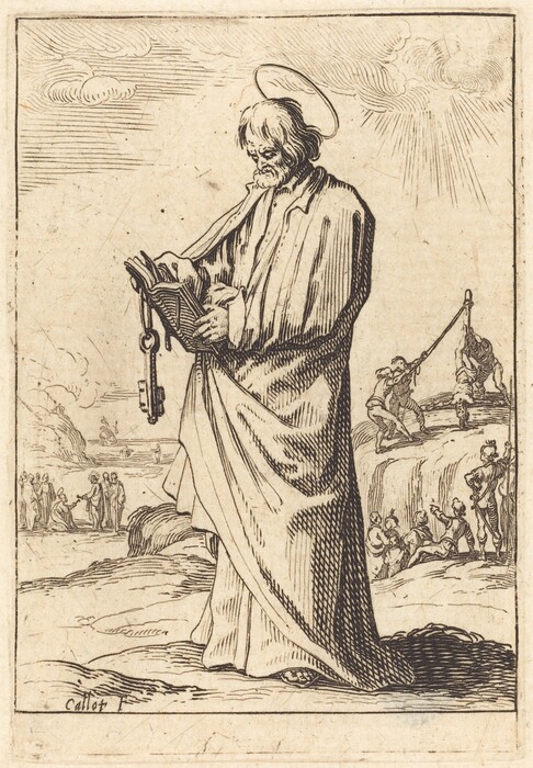 The image shows an elderly man standing and reading a book. He has a beard, furrowed brows, long wavy hair, and wears a long robe with a large key hanging from his waist. A halo is above his head. The background features several figures engaged in different activities, including a group near water and another group on a rocky landscape. The sky has clouds and rays.