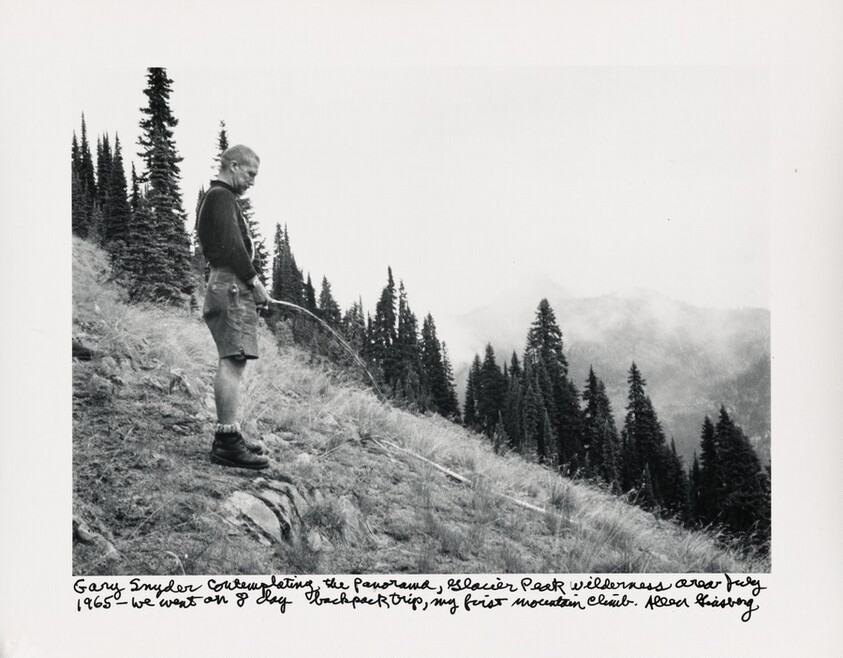 Gary Snyder contemplating the panorama, Glacier Park wilderness area July 1965—we went on 8 day backpack trip, my first mountain climb.
