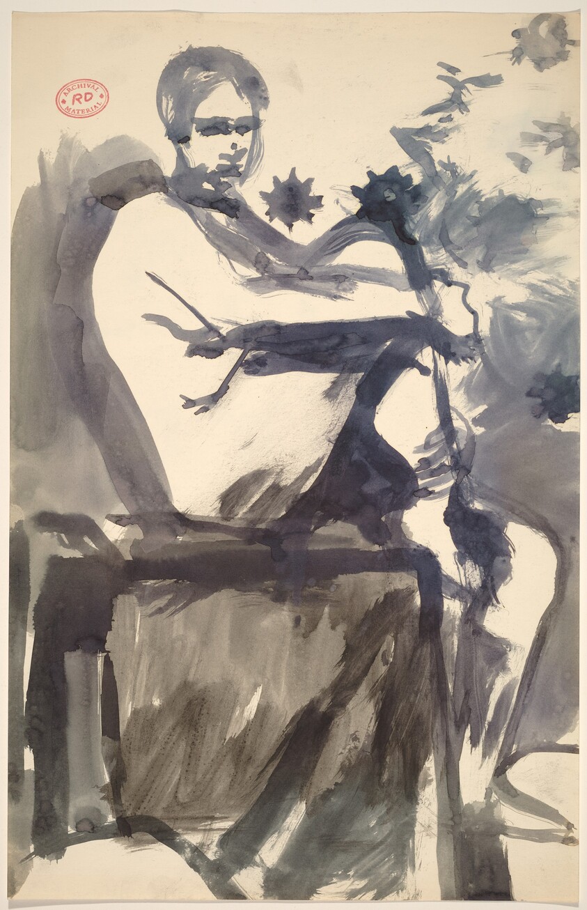 Untitled [female nude seated on model stand]
