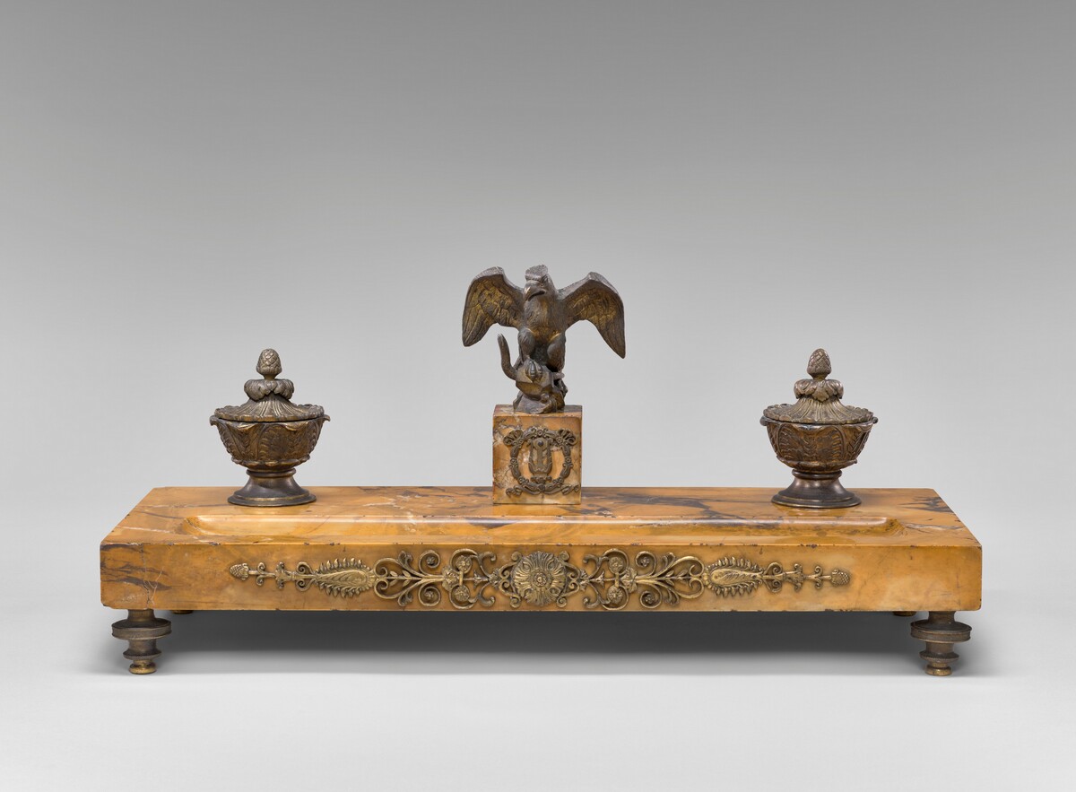 Marble and Gilt Bronze Pen and Ink Stand with Eagle Decoration