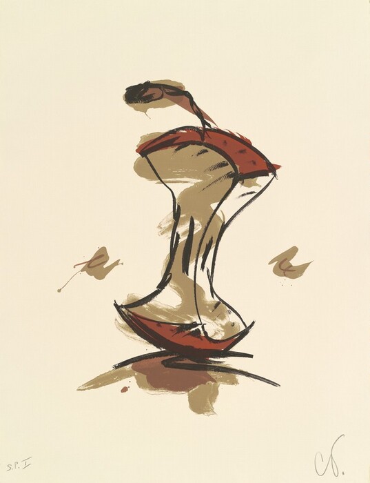 The image depicts an abstract representation of an apple core as the largest object, with thick black outlines and brown and red brush strokes. The color palette includes shades of cream, brown, red, and black against a light beige background. Positioned in the center of the canvas, the apple core stands vertically, with its base slightly offset to the right and its stem tilting leftwards, and there are two smaller brown and red brushstroke elements to the left and above it. At the bottom left corner, there are small inscriptions or initials.