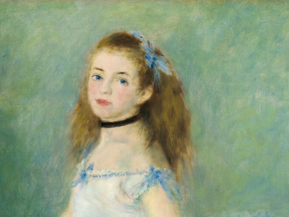 A pale-skinned girl wearing an arctic-blue ballet costume stands looking at us and almost fills this vertical painting. The scene is painted with blended strokes, giving it a soft, almost blurry look. In pale pink ballet slippers, she stands with her feet in fifth position, so the toes are turned out while her feet are almost parallel, the heel of the front foot touching the toes of the other. Her body faces our left, and she turns her head to look at us with blue eyes. She has delicate, dark brows, rosy cheeks, and full pink lips. Her long honey-brown hair is tied with a sky-blue ribbon like a headband. The fitted bodice of her pale blue dress has a lapis-blue bow at the chest, and the short sleeves tie around the sides of her shoulders. A sash around her middle is also lapis blue. The knee-length tutu has layers of light fabric, and seems to fly up behind her. She wears a black choker necklace and a black bracelet on each wrist. She holds a white object, perhaps a lacy handkerchief, in her right hand at her waist. Her other arm, closer to us, hangs down by her side as she touches the tutu. The background is painted with strokes of spring, sage, and pine green with touches of teal blue. The artist signed and dated the lower right, “A. Renoir. 74.”