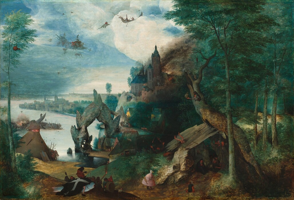 From high above the earth, we look down onto a view with a densely wooded area to the right, buildings clustered along a rocky ridge at the center, and a river winding back into the far distance to our left in this horizontal landscape painting. The color palette is dominated by pine and deep, emerald greens for the forest, tawny brown for tree trunks and the earth along the foreground, and slate gray and pale blue for the rocks, river, sky, and distant hazy landscape. Closer inspection reveals surprising and surreal details along the riverbanks and in the sky, beginning with a nightmarish hybrid of creatures and goblins in the lower right corner, at the outskirts of the forest. One creature has the body of a person with the head of a white bird, and another resembles a head walking around on two legs without a body. Tucked under a lean-to in the lower right, a man with a long white beard wearing a black hooded robe sits near goblin-like critters. In the foreground on our left, a group of people with peach-colored skin gathers around an oversized fish washed up onshore, which is covered with a black cloth marked with a large white X. A hooded and cloaked person sits atop the fish, holding a bell. Groups of fantastical creatures move in clusters or individually toward or around the buildings clustered on the rocky ridge. Dark brown plumes of smoke billow from a high steeple, probably a church and bell tower, and a bright light, possibly fire, illuminates the structure from behind. To our left, what first looks like a conical structure turns out to have a pink nose and eyes peeking out from what may be an overturned teacup being worn like a hat. More crowds and creatures line the shore of the river that winds away from us, around a peninsula, and into the distant horizon, which comes about halfway up this painting. The surface of the water has a pearly, opalescent sheen. White clouds swirl across a bright blue sky, as if they were waves in the sea. Incongruously, a group of spindly, insect-like creatures gathers in the sky riding fish or boats.
