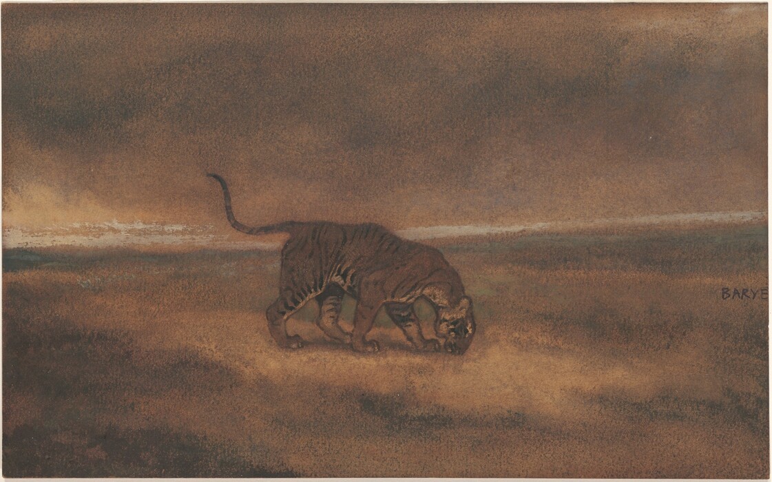 This is a painting of a solitary animal walking across a barren landscape. The creature appears to be a large feline. The background is a broad expanse of blended browns and muted colors, with the horizon gently separating the earth from the sky. The palette gives a contemplative feel to the scene, highlighting the animal as the central subject of the artwork. This is in the style of Antoine-Louis Barye.