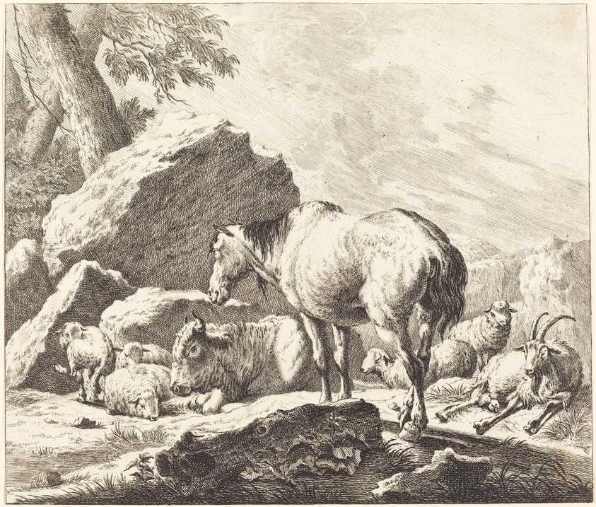 A Horse, Buffalo, Sheep, and Goat in an Italian Landscape