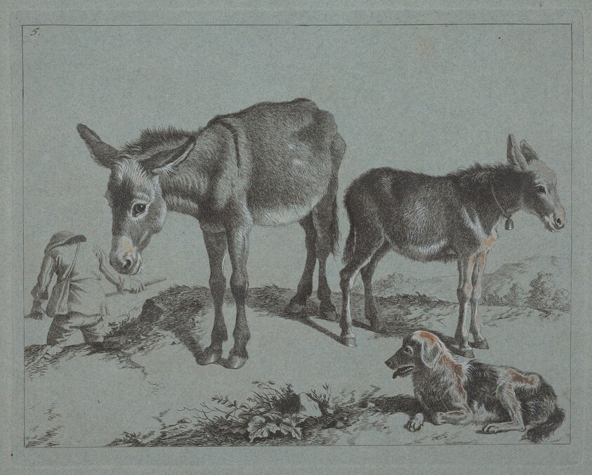 Donkey with her Foal, a Dog, and a Peasant Man