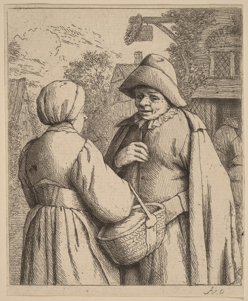 Man and Woman Conversing In Front of an Inn