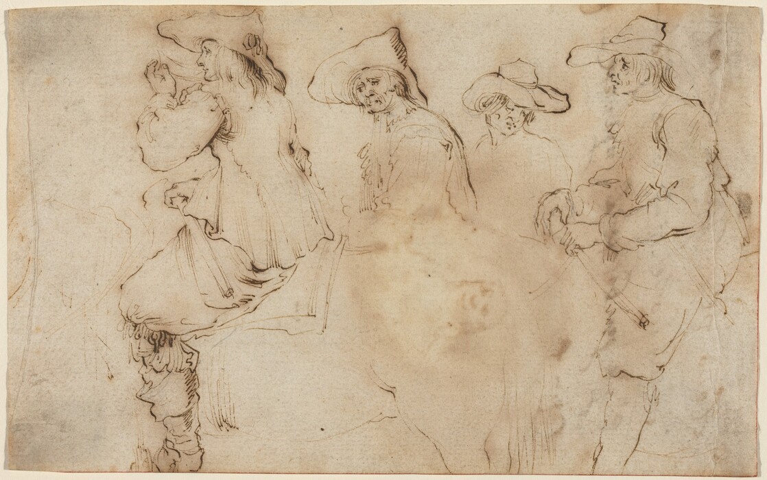 The image features a sketch of four individuals. The leftmost figure has long hair and a wide-brimmed hat, facing away. The next figure, on horseback, also has long hair and a wide-brimmed hat, facing forward. The third figure, standing next to the horse, has a similar hairstyle and hat, facing slightly to the right. The fourth figure stands on the far right with long hair and a wide-brimmed hat, holding an object. All individuals wear period-style shirts and hats. The background is plain, and the sketch is on discolored paper.