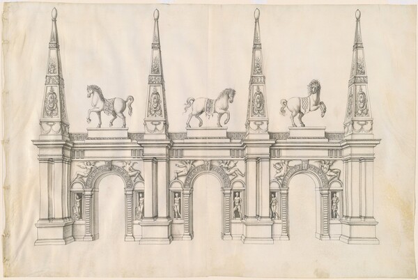 A Triumphal Arch with Caparisoned Horses and Ornamented Pinnacles