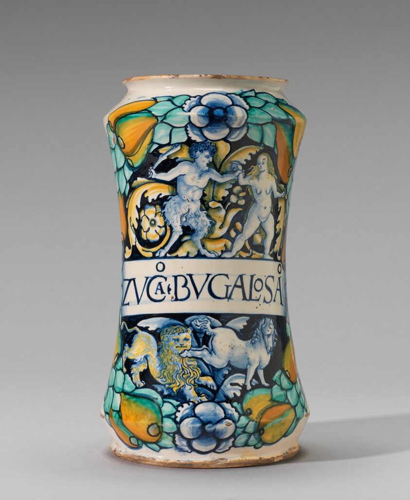 Albarello with nymph and satyr