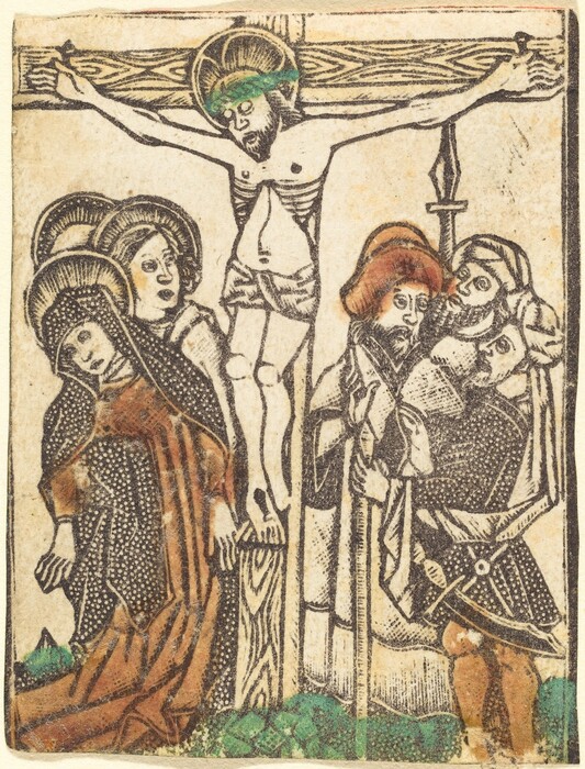This is a drawing of a crucifixion scene. The drawing depicts a man on a cross at the center, with a halo around his head, flanked by two figures on either side. The background is sparsely detailed, but the figures are adorned with detailed patterns and clothing. On the left, there are two individuals wearing robes and head coverings, while on the right, two individuals appear to be wearing hats and armors. This drawing features strong, bold lines, decorative textures, and simple color accents.