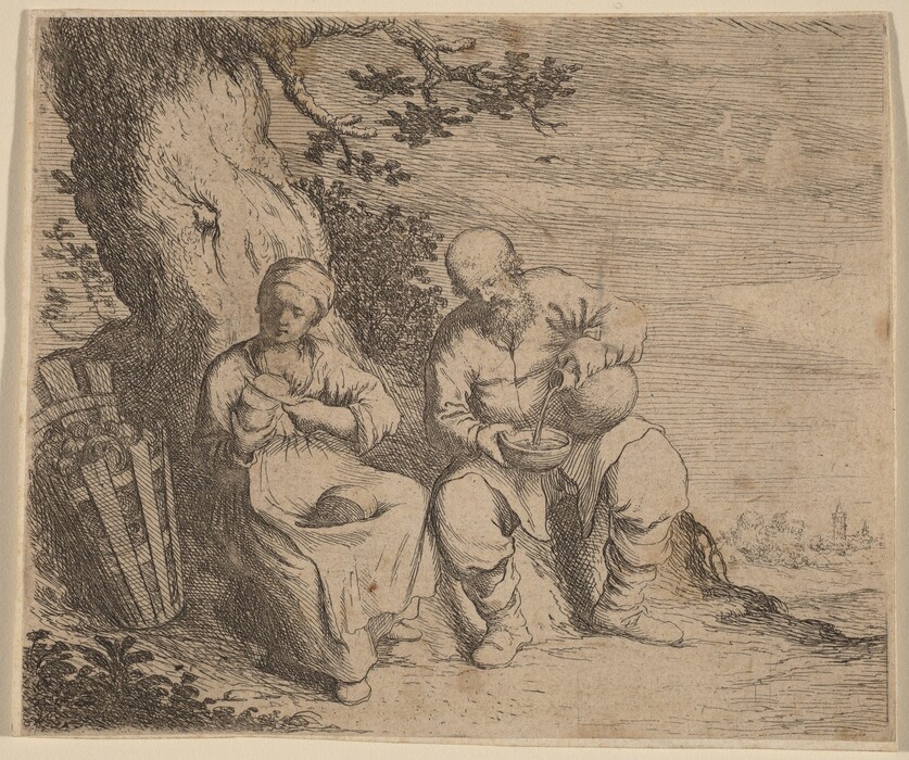 This is a drawing of two figures sitting under a tree. The drawing features fine line work that conveys a scene of two individuals, seemingly a man and a woman, sitting beneath a large tree. The sketch is detailed with shading and cross-hatching. The individual on the left appears to be holding a bowl, while the one on the right is engaged in pouring or mixing something in a bowl. Nearby, there is a stack of sticks, adding texture to the setting. The background displays sketched elements, suggesting a landscape with trees and distant architecture. The overall composition suggests a moment of rest or casual activity in a serene, natural setting, captured with a focus on texture and form.