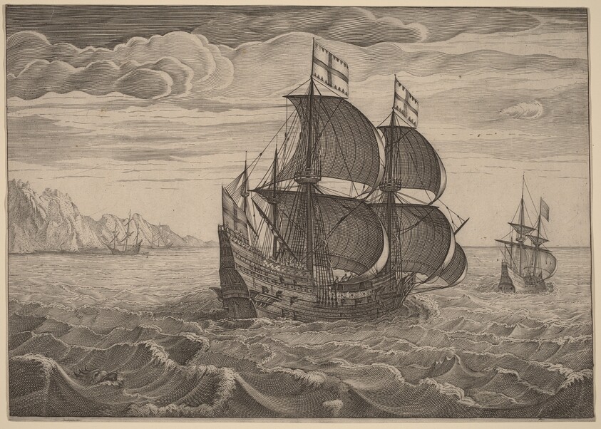 Ship in Full Sail with Two Flags