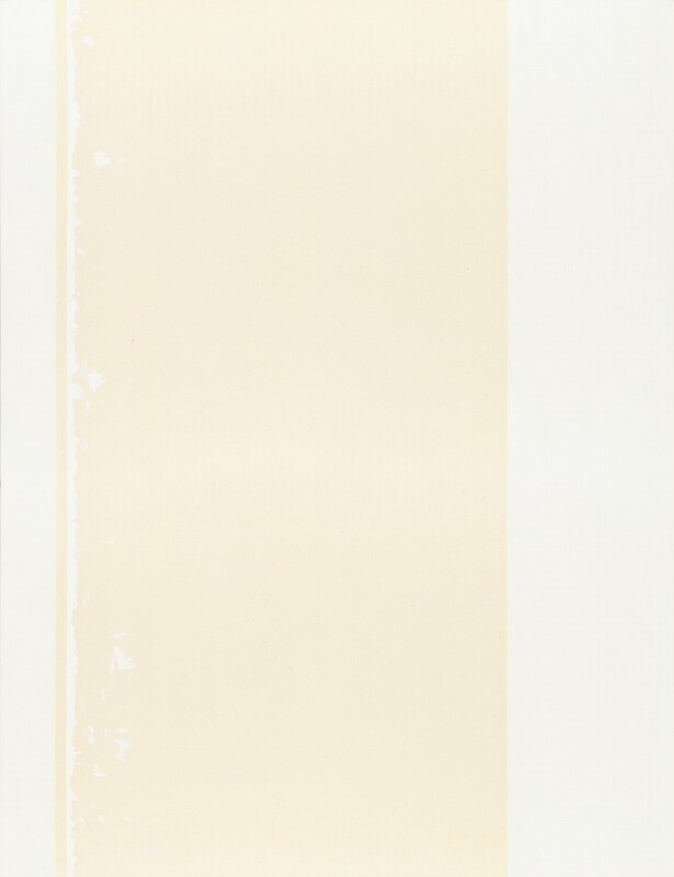 Two bright white strips flank a central, darker cream-white area in this vertical, abstract painting. The bright white strips line the left and right edges. To the left, the white strip is bounded by a stripe of the cream-colored canvas. Then a sliver of the brighter white paint is feathered along the right edge of that bare stripe. The artist signed and dated the lower left corner with white paint, “Barnett Newman 1965.”