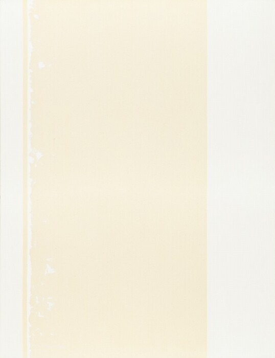Two bright white strips flank a central, darker cream-white area in this vertical, abstract painting. The bright white strips line the left and right edges. To the left, the white strip is bounded by a stripe of the cream-colored canvas. Then a sliver of the brighter white paint is feathered along the right edge of that bare stripe. The artist signed and dated the lower left corner with white paint, “Barnett Newman 1965.”