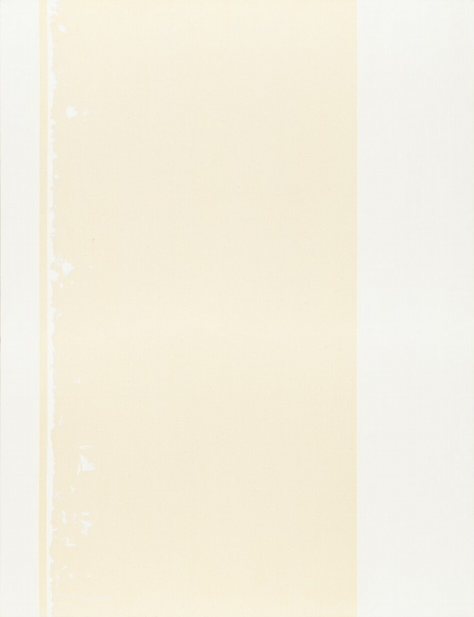 Two bright white strips flank a central, darker cream-white area in this vertical, abstract painting. The bright white strips line the left and right edges. To the left, the white strip is bounded by a stripe of the cream-colored canvas. Then a sliver of the brighter white paint is feathered along the right edge of that bare stripe. The artist signed and dated the lower left corner with white paint, “Barnett Newman 1965.”
