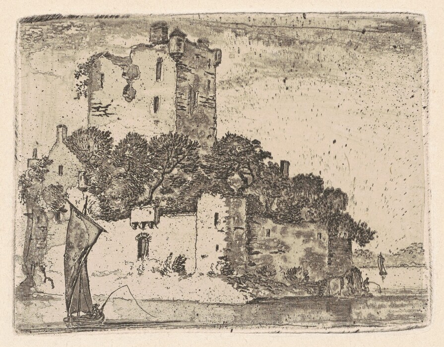 The image shows a castle or fortification near a body of water, possibly a river or lake. The viewpoint is from across the water, giving a direct look at the structure. The style is fine etching, with detailed lines depicting stone walls and foliage. The color palette is mainly shades of gray. A boat with a sail and a person fishing is in the foreground, with the castle and trees beyond. Another sailboat is visible in the distance.