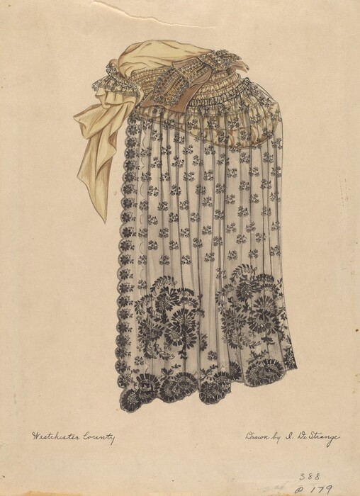 This is a drawing of a skirt with floral patterns. The garment features lace designs with dark floral motifs adorning the lower hem and scattered throughout the fabric. The skirt is gathered at the top, suggesting a waistline, and is complemented by a large ribbon or sash in a contrasting light color. The attention to detail in the lace pattern and the play of light and shadow create a sense of texture and delicacy. The drawing exudes a sense of vintage fashion.