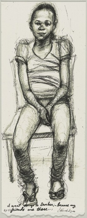 The image shows a black and white sketch of a person sitting on a chair. The individual is depicted from head to feet, with hands placed on their thighs. The person has closely cropped hair, distinctive facial features, and a composed expression. They are wearing a fitted shirt, pants, and sandals. The sketch includes handwriting at the bottom, and the background is simple.