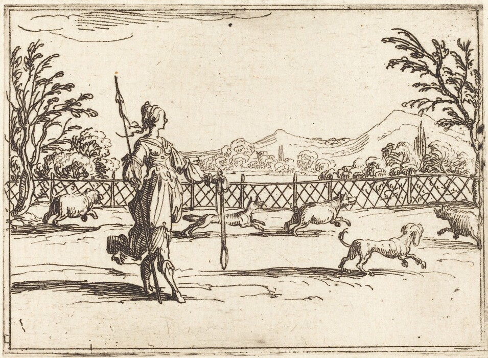 The image displays a pastoral scene with a woman standing at the center, holding a staff and a distaff. Dogs are shown in motion nearby, with a fence running horizontally in front of them. Beyond the fence, sheep are grazing in a landscape of rolling hills with trees. In the distance, there are hills or small mountains under a cloudy sky. The illustration is detailed with cross-hatching and fine lines, giving it a monochromatic appearance in sepia tones.