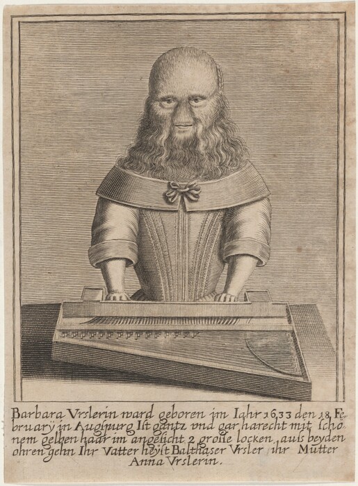 The image presents an engraved portrait of a woman from the waist up. She is situated with her body facing slightly to the viewer's left, with her arms resting in front of her on a stringed musical instrument. The woman has a full face of hair, including a beard, wavy hair that extends beyond her shoulders, and wears a garment with large sleeves, a fitted bodice, and a wide collar adorned with a decorative bow. She is seated in front of a musical instrument resembling a zither or dulcimer on a table. The background features detailed lines for texture, and the bottom of the image includes a block of text in a foreign script.