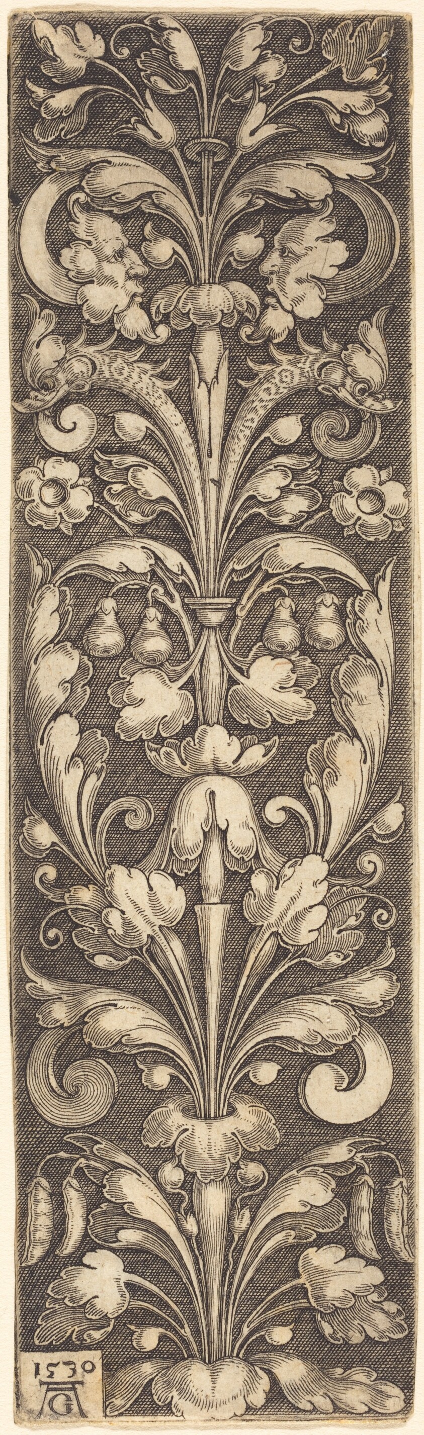 Sprig of Ornamental Foliage with Two Masks and Two Dolphins