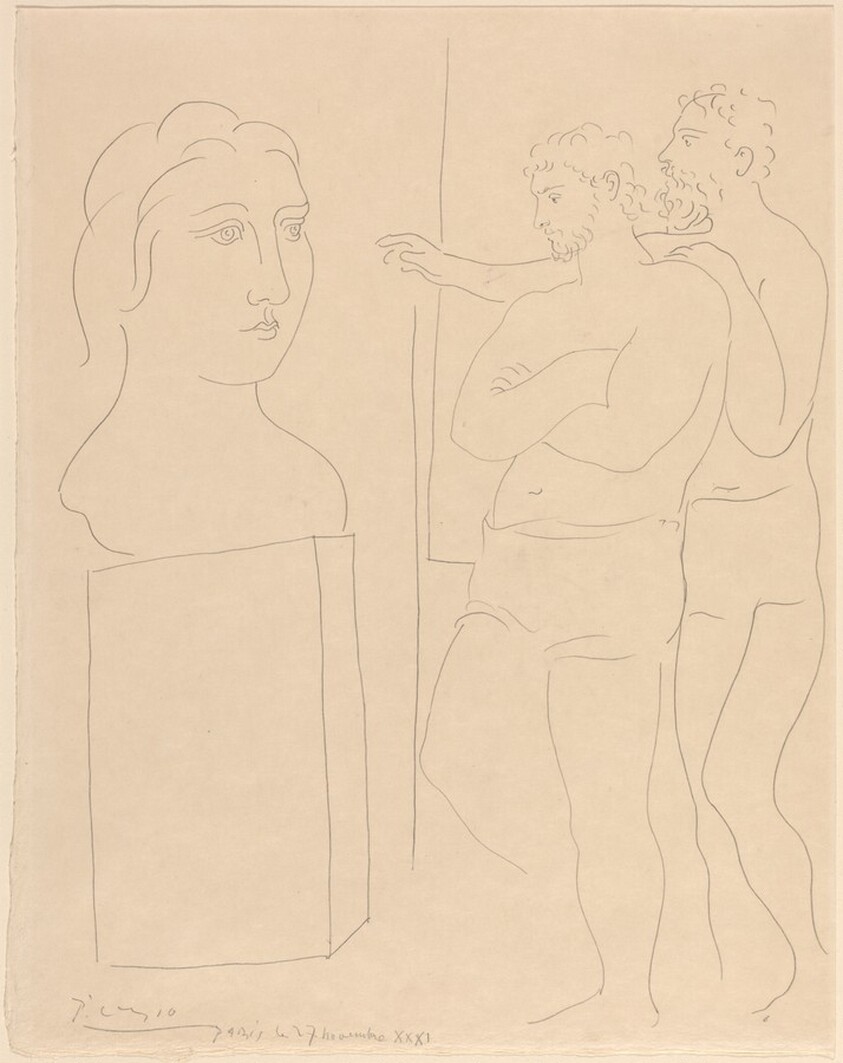 Two Men Contemplating a Bust of a Woman's Head