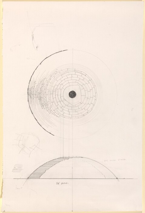 The image features a large circle with concentric rings of abstract, brick-like shapes radiating from a central darkened circle. Below this, there is a dome-like structure cut in half with lined patterns. The top view of the circle and the side view of the dome echo the design of an ancient amphitheater or a circular plaza. The abstract arrangement of lines and shapes within the circle may remind viewers of a labyrinth-like pattern.