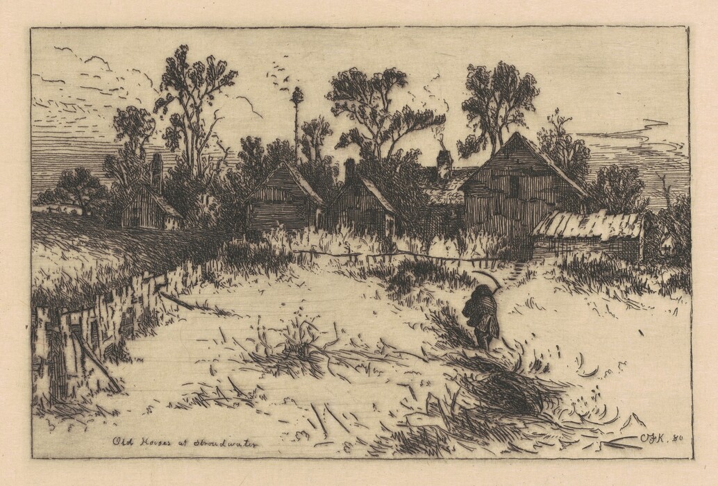The image shows a rural landscape with trees and rustic buildings. The view is from a slightly elevated angle, with the horizon high in the image and tall trees marking the boundary against the sky. The etching technique creates intricate lines for the trees, buildings, and foliage. The color scheme is black and white. A figure walks on a path, and wooden houses are seen in the distance, partially hidden by vegetation. Linear cloud formations decorate the sky.