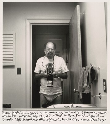 Self-portrait in guest-suite mirror, University of Virginia, Charlottesville, October 10, 1985, I'd lectured on Ezra Pound, Poetized in private high school & visited Jefferson's Monticello., Allen Ginsberg, 1985