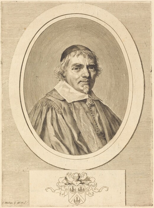 The image shows a portrait of a man depicted from the chest up. He is facing slightly towards his right. His expression is neutral, with deep-set eyes, a well-defined nose, short beard, and mustache. His hair is slightly curly, peeking out from under a small cap. The man is wearing a garment with a large, white folded collar, overlaid with a dark robe with detailed line patterns. There is a visible chain or medallion around his neck. The background consists of an oval frame and a linear pattern. Below the portrait, there is a crest or coat of arms.