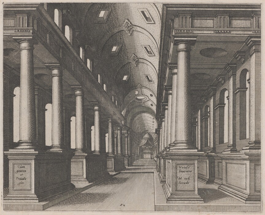 This is a drawing of an architectural interior featuring a long, columned hallway. The drawing depicts a symmetrical interior space with tall columns running parallel on either side of a central walkway that leads towards the vanishing point at the back of the image. The columns are intricately detailed with strong vertical shafts and ornate capitals. The ceiling is vaulted with recessed panels, and there are small windows or openings allowing light to filter in, casting shadows on the walls and floor. The drawing, though monochromatic, showcases precise line work and shading to convey depth and structure, emphasizing the grandeur and scale of the architectural design.