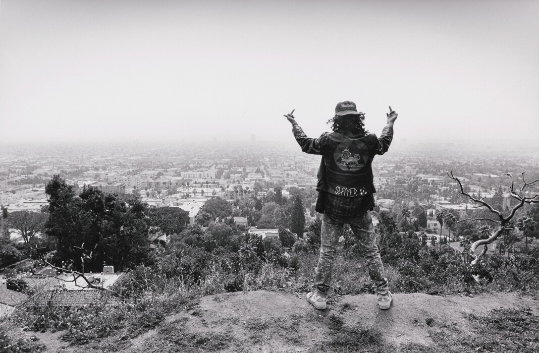 The image depicts a person standing on a raised patch of ground, looking out over a vast urban landscape. The person is in silhouette with their arms raised. The background shows a sprawling cityscape that extends into the distance, with the horizon blending into the sky. The scene is in black and white, emphasizing shades of gray and creating a stark contrast between the person and the city. In the foreground, there are wild grasses and a gnarled branch, with buildings and greenery visible in the cityscape that fades into the distant horizon.