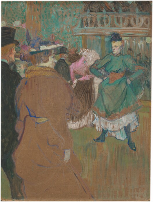 A man and woman standing with their backs to us face a room where others stand or pose in this vertical painting. Though made with oil on cardboard, the paint is applied loosely with visible strokes so the painting looks more like a pastel drawing. The people have peach-colored or mint-green skin. Cut off by the left edge of the painting, the man wears a black top hat and suit. We only see the short blond hair behind one ear and the jutting cheekbone and jaw of his profile. The woman takes up almost the left half of the picture. She wears a flat, brown coat outlined in royal blue, a fur stole around her neck, and a blue hat with flowers. Her brown hair is pulled up, and she looks to our right in profile with pale, nearly ash-white skin. Across from the couple, to our right and farther into the room, a woman wearing a teal-green dress stands with her feet planted wide so her feet flare out and her hands on her hips. Her body is squared toward the couple, and she looks off to our left. A black hat perches on her yellow hair, which is piled atop her head. She cocks one eyebrow over green eyes, and her lips curl in a lopsided sneer over a double chin. A tawny-brown corset under her bust cinches her waist. She gathers the skirt in fistfuls with each hand to reveal white petticoats and black boots or shoes. Two more people stand facing away from us behind her and to our left. Seen between the first pair and this woman, the man here also wears a black top hat and suit, and he has orange hair. The woman has brown hair. Her bodice is vivid pink, and the skirt is dark brown. An arc of white from the hem of her skirt up to her head suggests she has flung that side of the skirt up. Another woman’s face cast with green is tucked between the heads of the first couple. That woman looks off to our left under lifted brows with a drooping mouth. The two couples face a structure with columns supporting a roof, probably a bandstand, in the upper right quadrant of the composition. The ground in the lower half of the picture is streaked with sable brown and olive green. The rest of the background behind the bandstand is filled with sea green against the brown board on which this was painted. An indistinct red mark in the lower right corner has the artist’s initials intertwined, “HTL.”