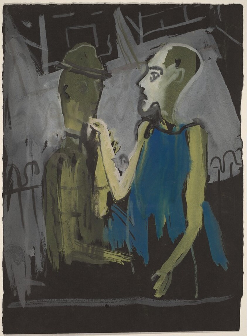 Two Figures Standing Near a Fence at Night