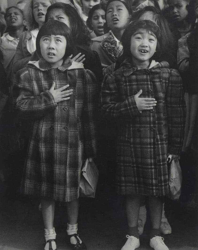 Children of the Weill public school shown in a flag pledge ceremony, San Francisco, California