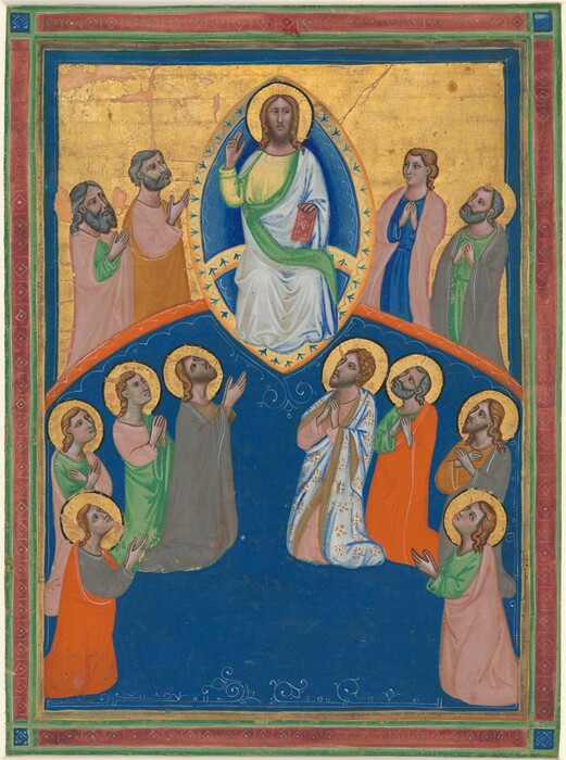 This is a painting of a scene with a central man surrounded by twelve other people, all with golden halos. The central man is at the top of the painting, seated within a pointed blue oval shape outlined by a gold border. This man has pale skin and long brown hair with a dark beard, and he is clad in white and green robes. He is holding a red book in his left hand and raising his right hand, his arm bent and the first two fingers of his hand lifted. There are four people on the same level as him, two on the left and two on the right, and eight additional people below him. They are all looking towards him, their hands either clasped, raised up, or crossed over their chests. These people all have golden halos and are dressed in various draped robes in hues of green, orange, pink, gray, and blue. They all have pale skin and hair in shades of brown and gray. The background of the top section is shimmering gold, while the background of the bottom section is dark blue, the two sections separated by an orange border. The border around the painting is patterned in red and green with small designs.