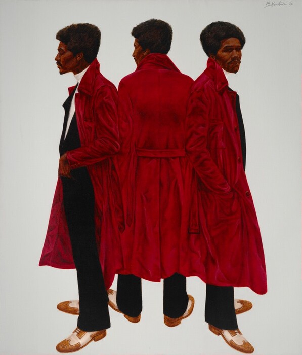 A man with dark brown skin, a black afro, mustache, and goatee, and wearing a cardinal-red coat over a black suit, is shown three times in this vertical portrait painting. The version at the center stands with his back to us and those to each side face the left and right edges of the canvas, respectively. They stand close enough for their shoulders to touch, and all three views of the man float against a paper-white background. The man has a deep-set eyes under black brows and high cheekbones. His thin mustache frames full lips, which are closed in all three views, and a line of black hair grows down his pointed chin. He wears a jet-black suit over a bright-white turtleneck shirt, and honey-brown and ivory-white wingtip dress shoes. The collar of his shin-length, red coat is popped up, and the belt hangs loose. In the version to our left, he faces that direction in profile with his eyes closed as he pulls the coat back to tuck his left hand, closer to us, into the pocket of his suit jacket. At the center of the canvas, the man turns his face to our left so we see the side of his cheekbone, the tip of his nose, and his eyelashes outlined against the white background. In the view to our right, his body faces that direction with the hand closer to us tucked into the coat pocket. He turns his head to look toward or at us with shadowed eyes. The artist signed and dated the painting in the upper right corner: “B. Hendricks 72.”