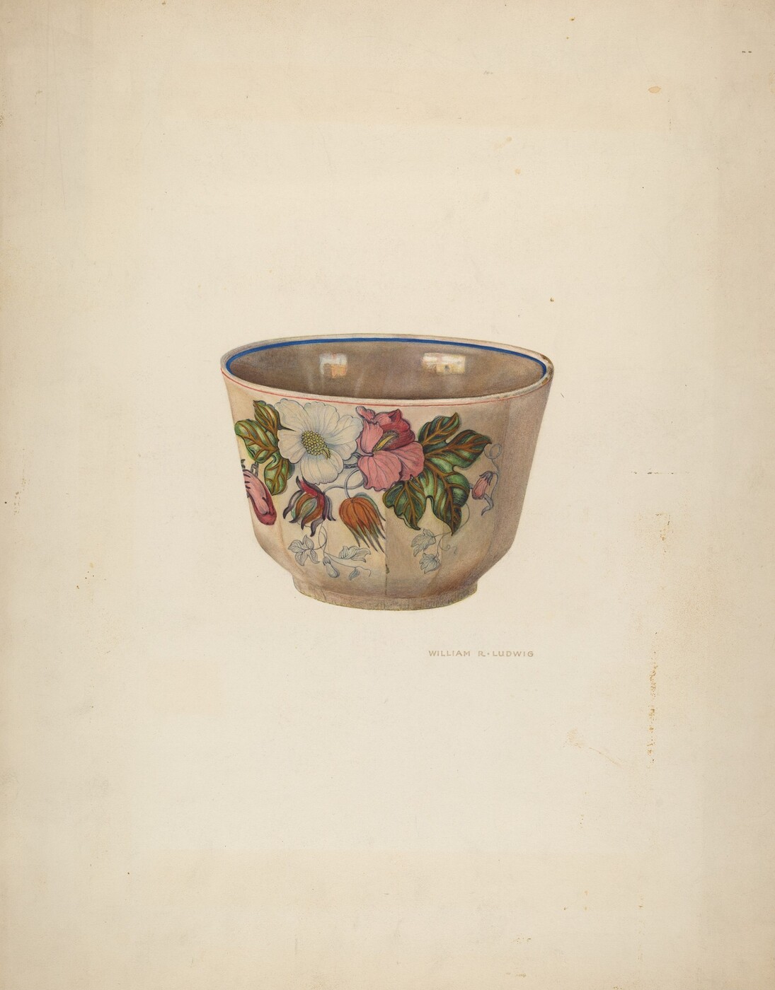 The image shows a ceramic cup with a floral pattern of pink and white flowers and green leaves. The cup is decorated with a muted color palette of beige, pink, white, and green. It is placed centrally on a plain background, slightly tilted to show the floral design around it.