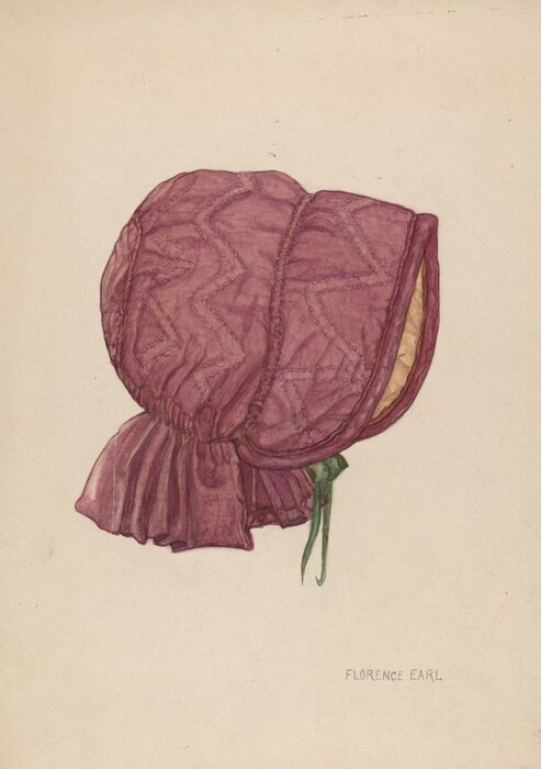 The image shows a large bonnet made of patterned, quilted fabric in purple. The bonnet is positioned at the center with yellow lining on the inside and green ribbons visible beneath. The background is a light beige color.
