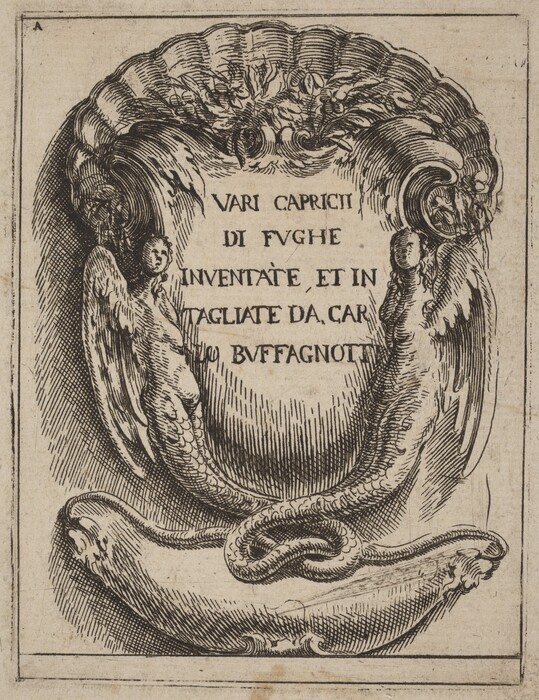 The image features intricate, swirling lines and shapes forming an abstract composition around central text. The shapes resemble mythical creatures and natural forms, with the upper section resembling a scalloped shell adorned with leaves and floral motifs. Angelic figures or cherubs are integrated into the design, with winged forms flowing downward. A serpentine form coils at the bottom, resembling a snake. The composition blends elements from the animal kingdom and botanical ornaments into a harmonious abstract depiction.