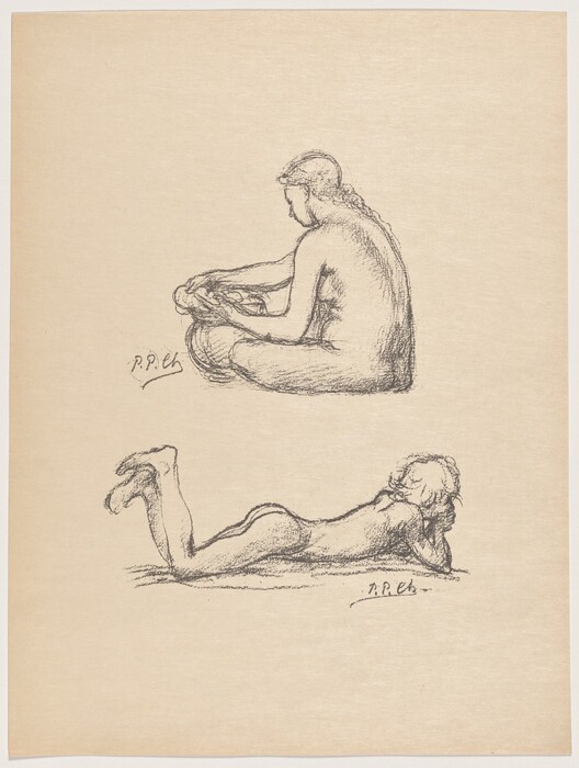 The drawing depicts two figures in different poses. The top figure is shown seated with legs bent and arms resting on the knees, with a slightly tilted forward head. The bottom figure is lying on the stomach with head supported by arms bent at the elbows, and legs bent at the knees with feet raised. Both figures are nude and are drawn on a plain, light-colored background with the signatures "P.P. EHs" beside each figure.