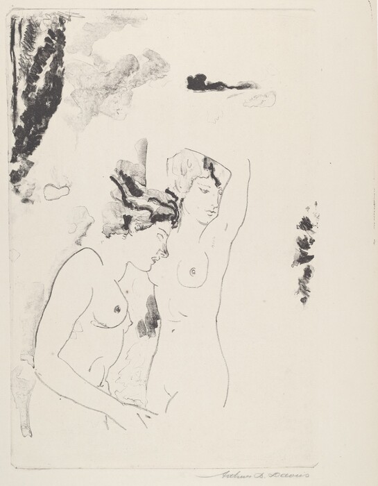 Two individuals are depicted in the image, with their full upper bodies shown, extending down to the waist. The person on the right is positioned facing forward with arms raised above their head. The individual on the left appears to be leaning slightly forward with their head near the shoulder of the other person. The image's style highlights delicate facial features, with both having fine, curling lines suggesting wavy hair. Both figures are unclothed and are composed using light, sparse lines giving an impression of softness. The background consists of abstract patterns of shading and smudges, predominantly on the left side, creating a textured contrast against the otherwise plain backdrop. There is no visible jewelry or objects in the image.