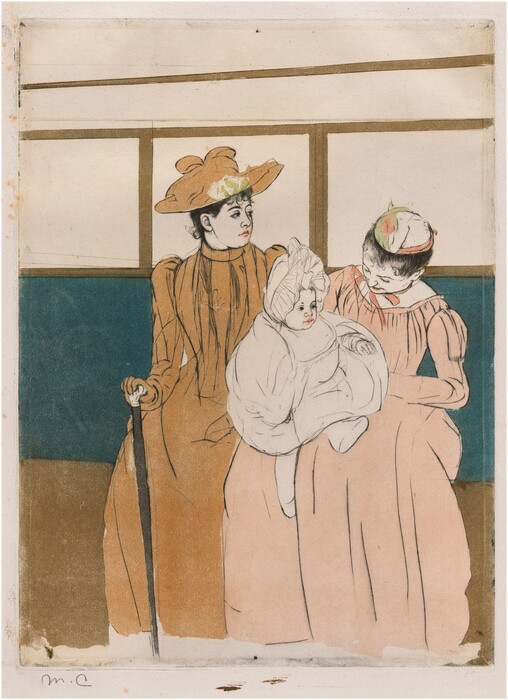 Two women, one holding a baby on her lap, sit on the long bench seat of an omnibus in this vertical, colored print. The women and their full skirts take up almost the width of the composition against the peacock-blue bench, which extends off both sides. The women and baby’s skin are the color of the cream-white paper. The woman to our left wears a tan-colored, high-collared dress, gloves, and hat. She looks off to our right, almost in profile. She has a round face and the hint of a double chin. One gloved hand rests on a cane. The other woman holds the baby and tips her head down toward the child. That second woman wears a tea rose-pink dress and a hat with areas of darker pink, fern green, and white. Both women’s black hair is pulled up under their hats. The baby’s ruffled white bonnet, blousy garment, stockings, and shoes are also the white of the paper, though the lips are picked out with pink. The structure of the women’s bodices, puffy long sleeves, and long skirts as well as the baby’s clothing are outlined in black. A row of windows behind them, parallel to the top of the bench, are blank, also the color of the paper. The panel behind the women’s legs is peanut brown, and the top of the omnibus is white as well. The artist signed the work with her initials in graphite in the bottom left, “MC.”