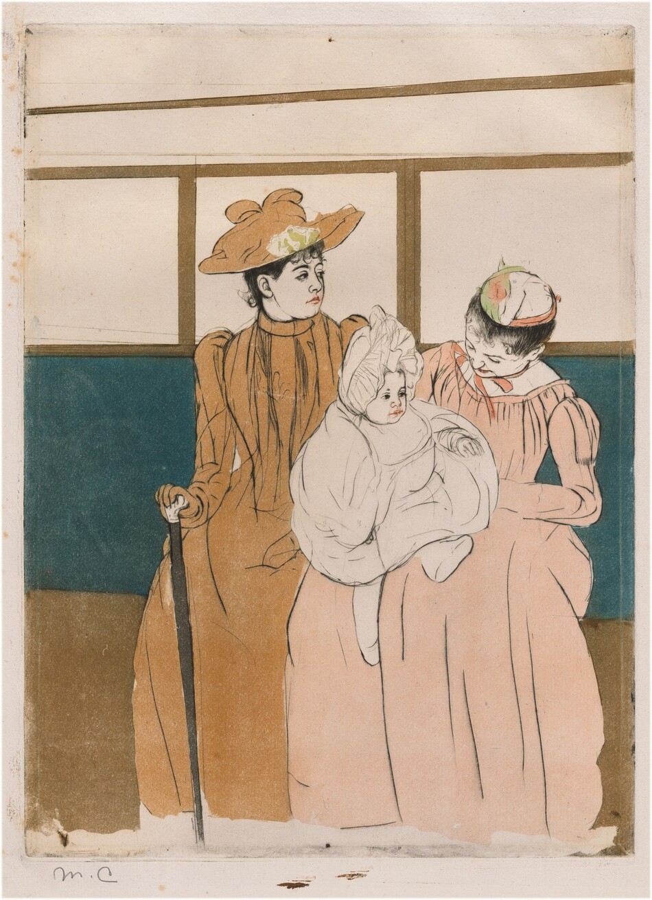 Two women, one holding a baby on her lap, sit on the long bench seat of an omnibus in this vertical, colored print. The women and their full skirts take up almost the width of the composition against the peacock-blue bench, which extends off both sides. The women and baby’s skin are the color of the cream-white paper. The woman to our left wears a tan-colored, high-collared dress, gloves, and hat. She looks off to our right, almost in profile. She has a round face and the hint of a double chin. One gloved hand rests on a cane. The other woman holds the baby and tips her head down toward the child. That second woman wears a tea rose-pink dress and a hat with areas of darker pink, fern green, and white. Both women’s black hair is pulled up under their hats. The baby’s ruffled white bonnet, blousy garment, stockings, and shoes are also the white of the paper, though the lips are picked out with pink. The structure of the women’s bodices, puffy long sleeves, and long skirts as well as the baby’s clothing are outlined in black. A row of windows behind them, parallel to the top of the bench, are blank, also the color of the paper. The panel behind the women’s legs is peanut brown, and the top of the omnibus is white as well. The artist signed the work with her initials in graphite in the bottom left, “MC.”