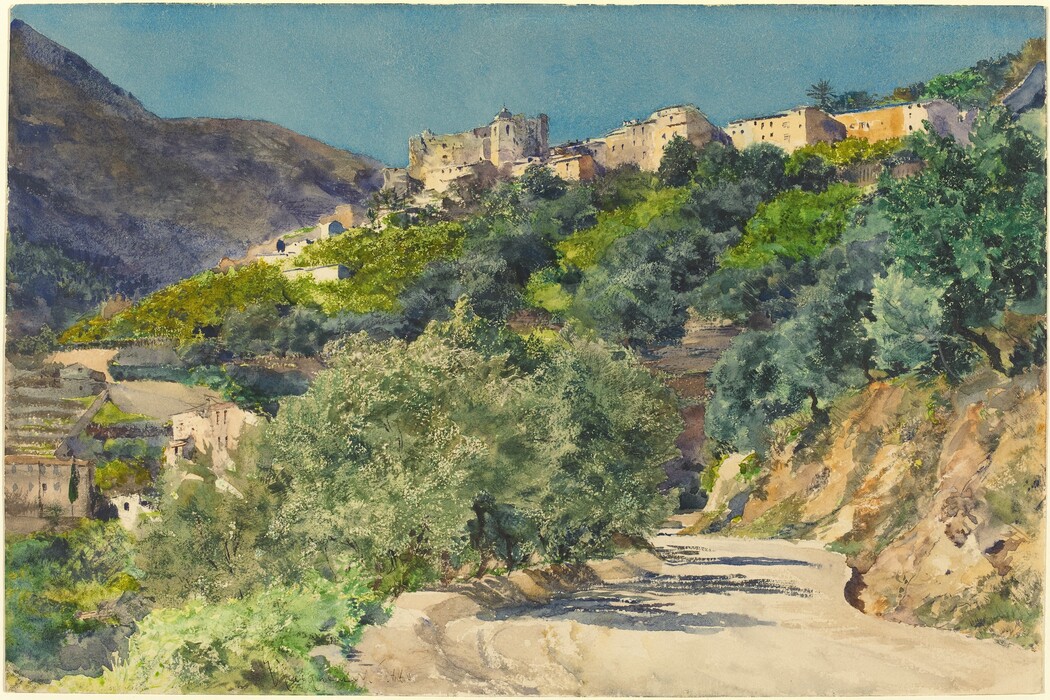 The painting depicts a hillside village viewed from an elevated perspective. The horizon is high in the image, with the village atop the hill, individual buildings distinguishable by warm color tones. Behind the village, the sky is clear blue, the mountains fading into darker tones. Delicate, fluid brushstrokes are used, especially in the foliage and winding path. The color palette is earthy and natural, with greens and browns predominant, the village's architecture and vibrant greenery offering lighter contrasts. The landscape shows rolling terrain rising towards the top of the hill.