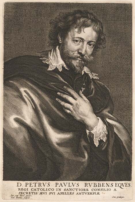 This image depicts an upper-body portrait of a man seated with his body turned slightly to the side but his head facing forward. The man has a full head of wavy hair, a mustache, and a beard. He is dressed in a garment with a high lace collar and appears to be wearing a cloak. His right hand is raised to his chest, holding a quill pen. The background is a simple, textured backdrop. At the bottom of the image, there is text identifying the person as D. PETRVS PAVLVS RVBBENS Eques, with additional descriptions and information below.