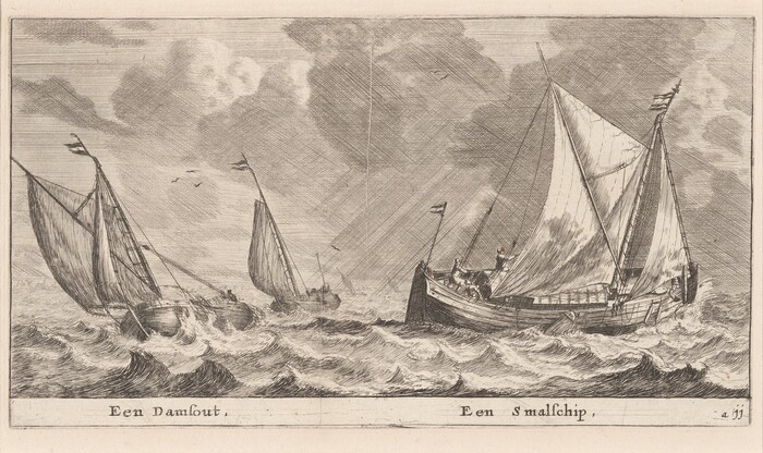 The image shows a seascape from a low vantage point, with a high horizon separating the sea and the sky. Two sailing ships are depicted in the rough waters: a larger vessel to the right and a smaller ship to the left. The etching technique is used for detailed line work and bold strokes. The monochrome palette enhances the contrast between the sea and the sky. Other distant sails are faintly visible against the cloudy skies.