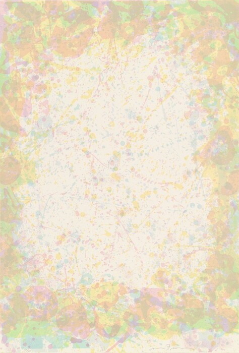 The image shows splattered lines and dots in pastel shades of yellow, pink, blue, and green. Larger cloud-like patches of color are present at the edges.
