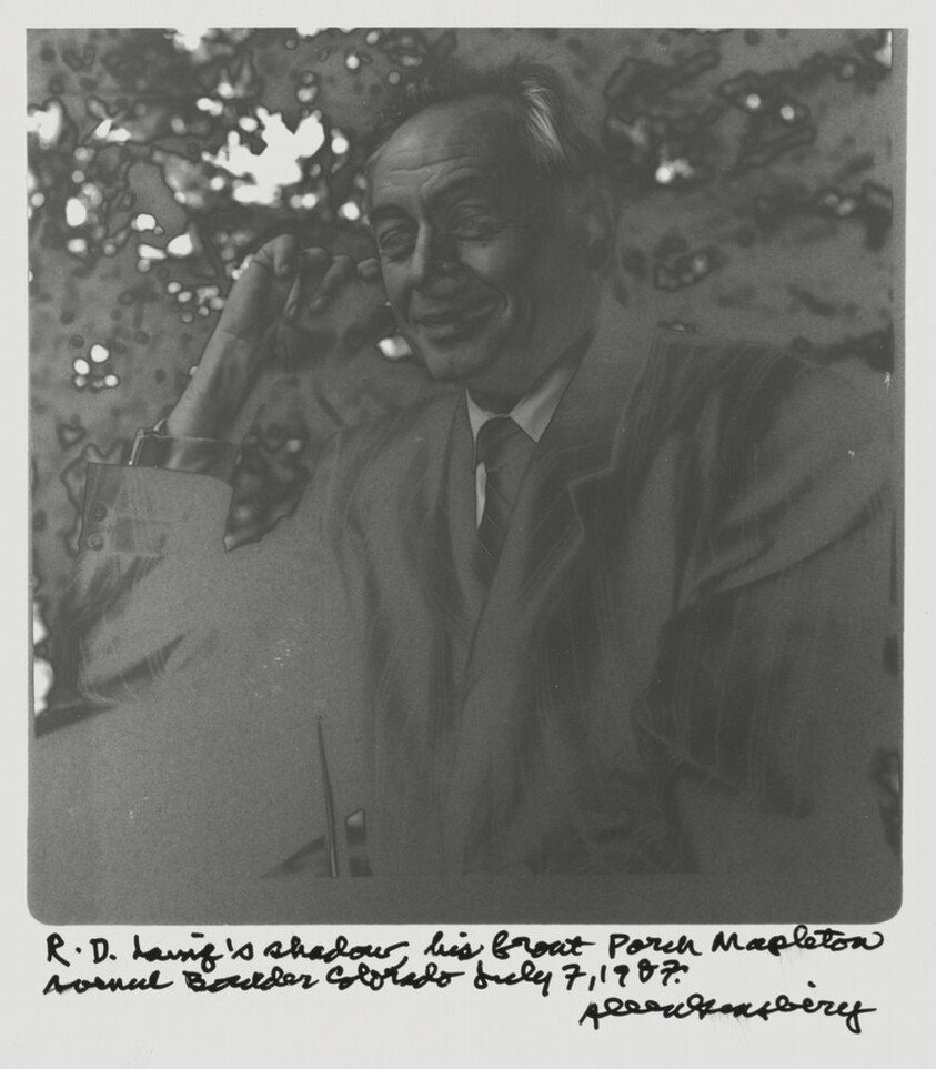 R.D. Laing's shadow, his front porch Mapleton around Boulder, Colorado. July 7, 1987.